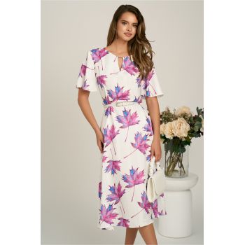 Rochie midi cu imprimeu magenta din triplu voal in clos