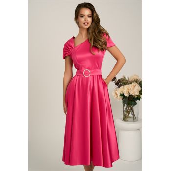 Rochie midi fucsia din tafta subtire in clos cu cordon in talie- LaDonna