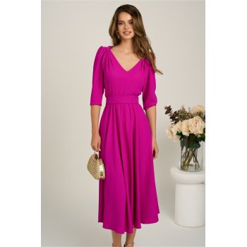 Rochie midi fucsia din triplu voal in clos cu cordon in talie- LaDona
