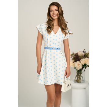 Rochie scurta alba cu buline bleu si maneci scurte tip lalea
