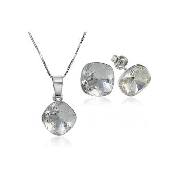 Set Argint 925 placat cu rodiu cu cristale Swarovski® Princess Square 10mm Crystal Clear Surub + Lant