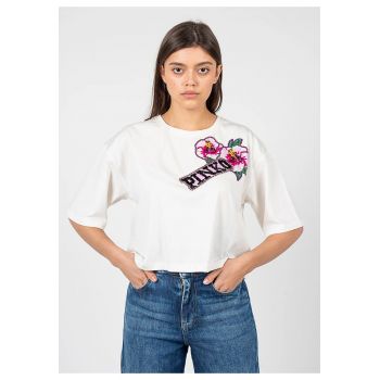 Tricou crop cu logo brodat si margele Titolato -