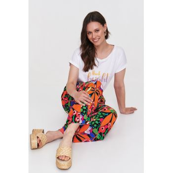 Pantaloni drepti cu model tropical