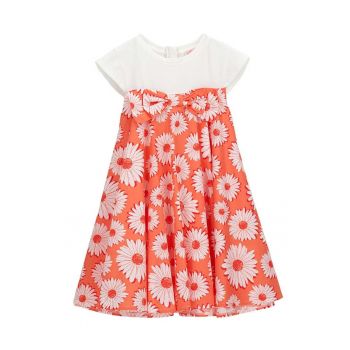 Rochie evazata cu model floral si aplicatie cu funda