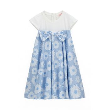 Rochie evazata cu model floral si aplicatie cu funda