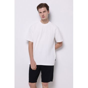 Tricou din bumbac cu decolteu la baza gatului si striatii