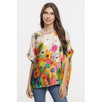 Bluza bej maneca scurta din matase si vascoza, imprimeu cu flori multicolore