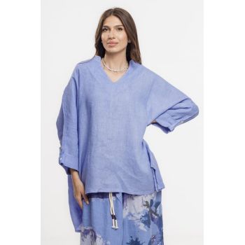 Bluza din in oversize,cu colturi si decolteu in V, albastru lavanda
