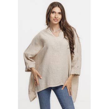 Bluza din in oversize,cu colturi si decolteu in V, bej