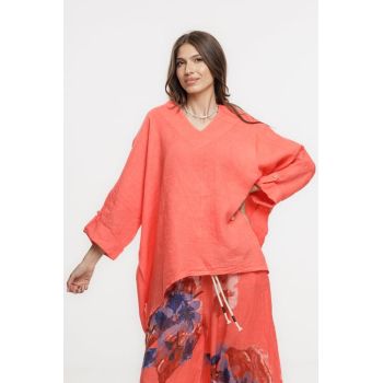 Bluza din in oversize,cu colturi si decolteu in V, corai
