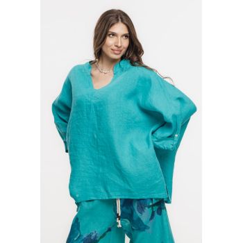 Bluza din in oversize,cu colturi si decolteu in V, turcoaz