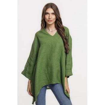 Bluza din in oversize,cu colturi si decolteu in V, verde olive