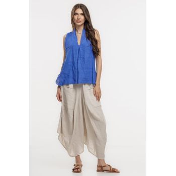 Bluza fara maneci din in cu decolteu si guler inalt, albastra