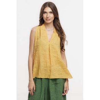 Bluza fara maneci din in cu decolteu si guler inalt, galben turmeric