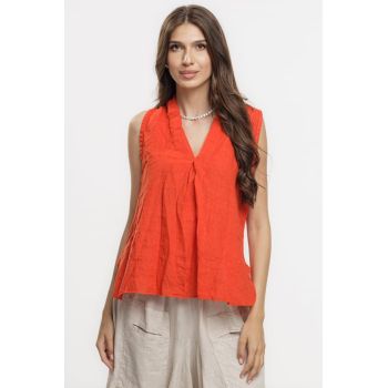 Bluza fara maneci din in cu decolteu si guler inalt, rosu tangerine