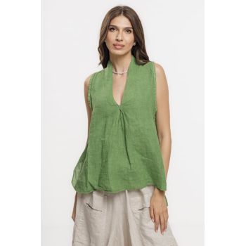 Bluza fara maneci din in cu decolteu si guler inalt, verde