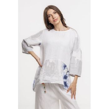 Bluza lejera din in alb cu imprimeu floral pictural