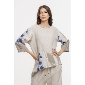 Bluza lejera din in bej cu imprimeu floral pictural
