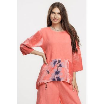 Bluza lejera din in corai cu imprimeu floral pictural