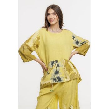 Bluza lejera din in galben cu imprimeu floral pictural