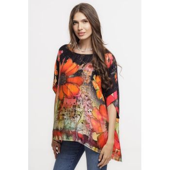 Bluza neagra maneca scurta din matase si vascoza, imprimeu cu flori multicolore