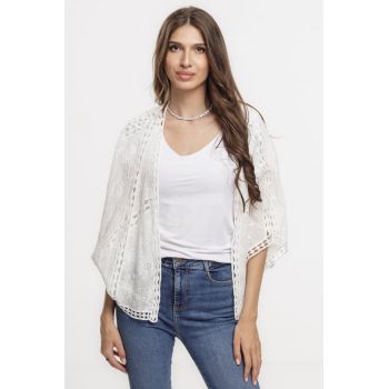 Cardigan lejer din bumbac, cu broderie sparta tip dantela, alb