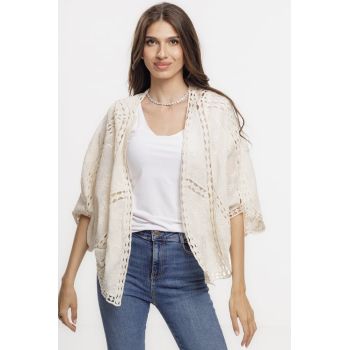 Cardigan lejer din bumbac, cu broderie sparta tip dantela, bej