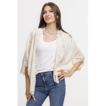 Cardigan lejer din bumbac, cu broderie sparta tip dantela, bej