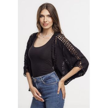 Cardigan lejer din bumbac, cu broderie sparta tip dantela, negru