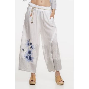 Pantaloni de vara largi din in alb cu imprimeu floral artistic