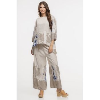 Pantaloni de vara largi din in bej cu imprimeu floral artistic