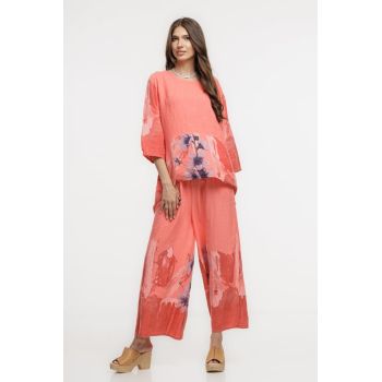 Pantaloni de vara largi din in corai cu imprimeu floral artistic