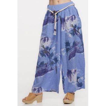 Pantaloni largi de vara, masura mare, din in albastru lavanda cu imprimeu flori albastre
