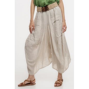 Pantaloni tip salvari din in, croiala asimetrica si buzunare, bej