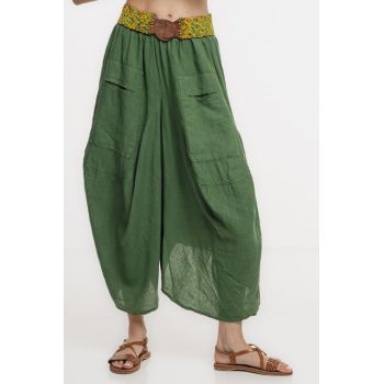 Pantaloni tip salvari din in, croiala asimetrica si buzunare,verde olive