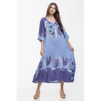 Rochie lunga A-line oversize, din in, albastru abstract Rochie lunga A-line oversize, din in, albastru abstract