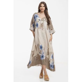 Rochie lunga A-line oversize, din in, bej, cu imprimeu abstract - Copie
