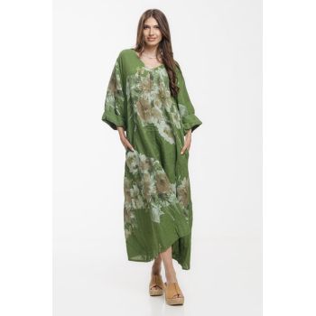 Rochie lunga A-line oversize, din in, cu imprimeu verde abstract