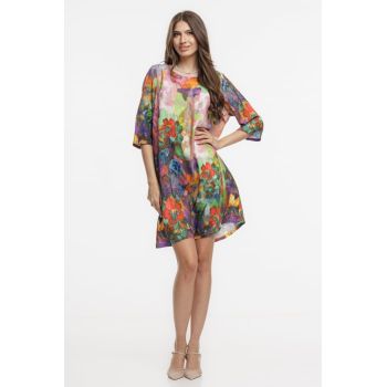 Rochie midi, dreapta, din vascoza fina, cu imprimeu pictural predominant mov