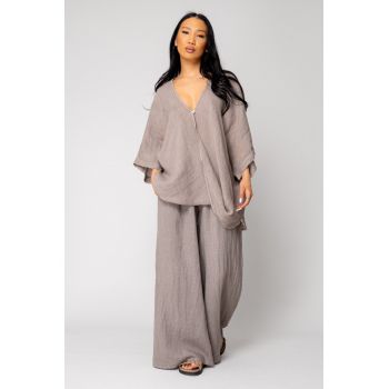 Set Bluza asimetrica si Pantalon lung din 100% Taupe 16147