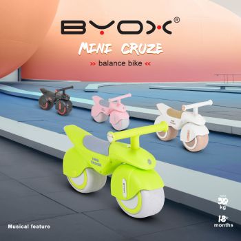 Bicicleta fara pedale Ride On Byox Mini Cruze Pink cu muzica, Roti EVA late si stabile cu rulment, Sezut ergonomic din piele, Design compact, Manere ergonomice, Recomandata de la 18 luni, Greutate admisa 30 kg