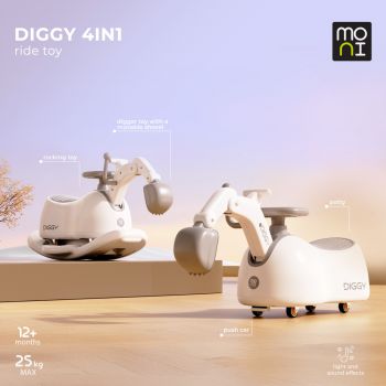 Excavator fara pedale Moni Diggy Grey tranformabil 4in1 cu Cupa mobila,Baza detasabila si transformare in balansoar,Olita incorporata,Sezut confortabil,Efecte muzicale si lumini,Recomandat de la 12luni,Greutate admisa 25kg