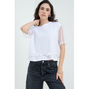 Tricou crop cu aplicatie semitransparenta