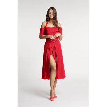 Rochie evazata din amestec de in cu slit lateral adanc Chimera