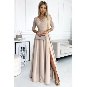 Rochie maxi cu fanta pe picior si decolteu in V -  XL - Bej
