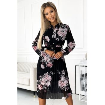 Rochie plisata midi cu maneca lunga -