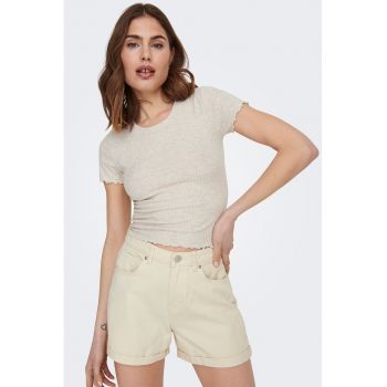 Tricou crop cu croiala slim-fit si aspect striat