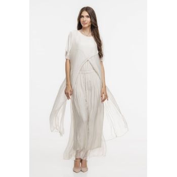 Compleu cu pantaloni lejeri si bluza fluida in colturi lungi, din matase naturala, bej