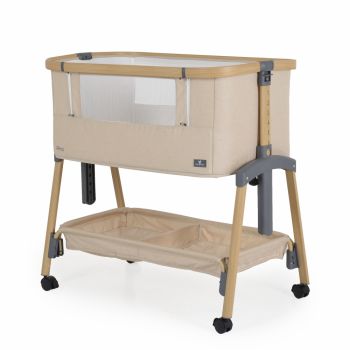 Patut Co-Sleeper Cangaroo Amo Beige 91x49x89 cm cu laterala culisanta,Fixare langa patul parinteluI,Inaltime reglabila in 7 pozitii,Roti cu blocare,Raft pentru accesorii,Pozitie antireflux,Saltea si plasa insecte inclusa