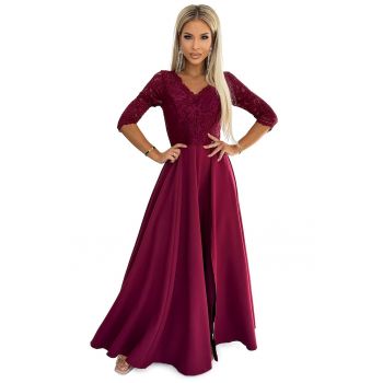 Rochie eleganta - lunga - visiniu - cu top din dantela si fante la picior